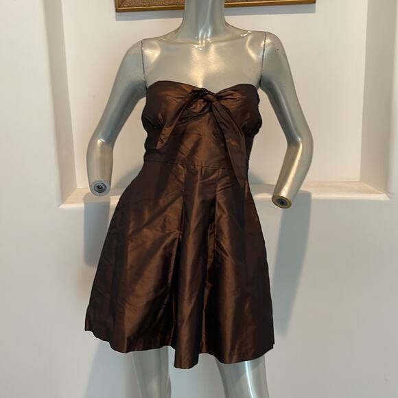 Vintage Rhys Dwfen Chic Little Devil Strapless Bow Front Mini Dress Brown Size 6 - Picture 5 of 9